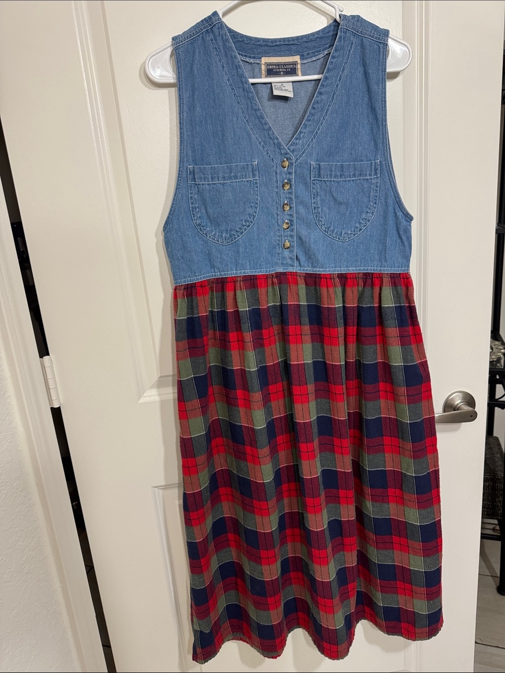 Erika Vintage Denim Plaid Tartan Maxi Dress 100% Cotton Size M